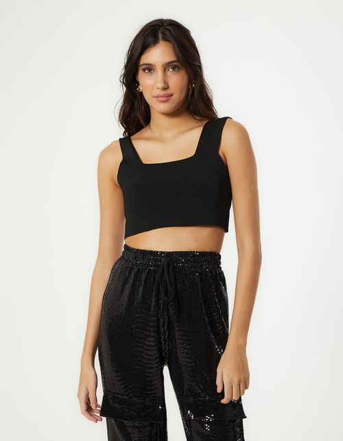 Blusa Tricot Cropped Decote Quadrado - Preto