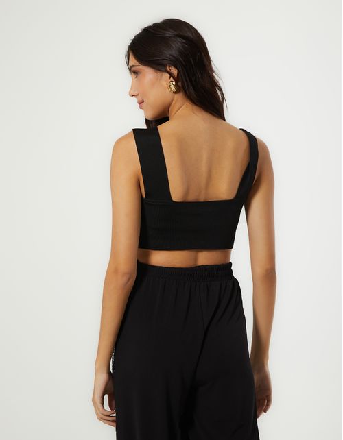 Blusa Tricot Cropped Decote Quadrado - Preto