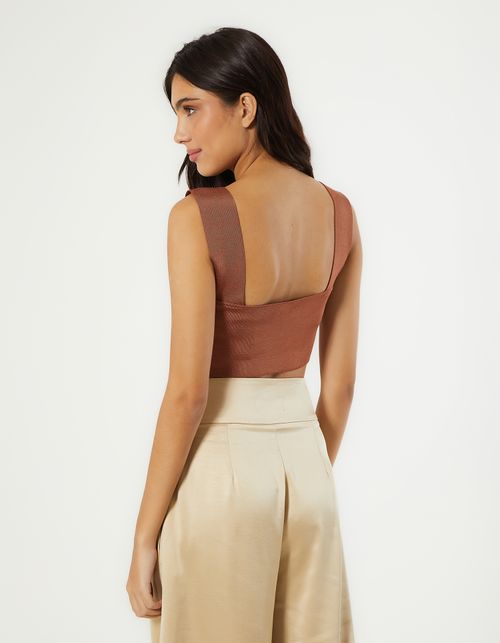 Blusa Tricot Cropped Decote Quadrado - Marrom