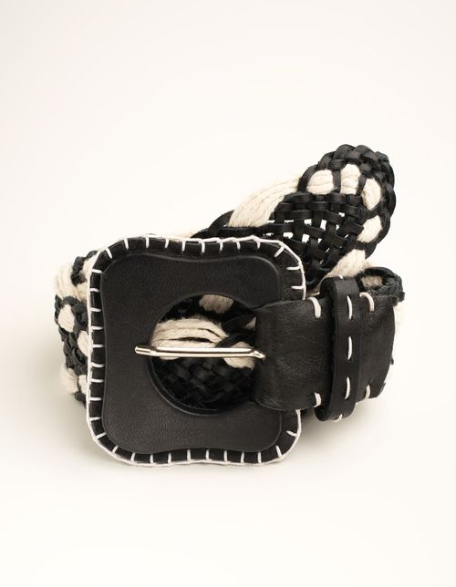 Cinto Tresse Couro Detalhe Cadarço - Preto e Branco