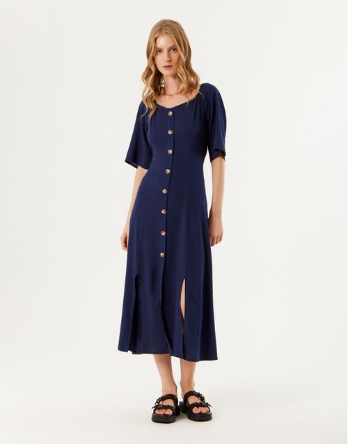 Vestido Botões Recortes Fenda - Azul Marinho