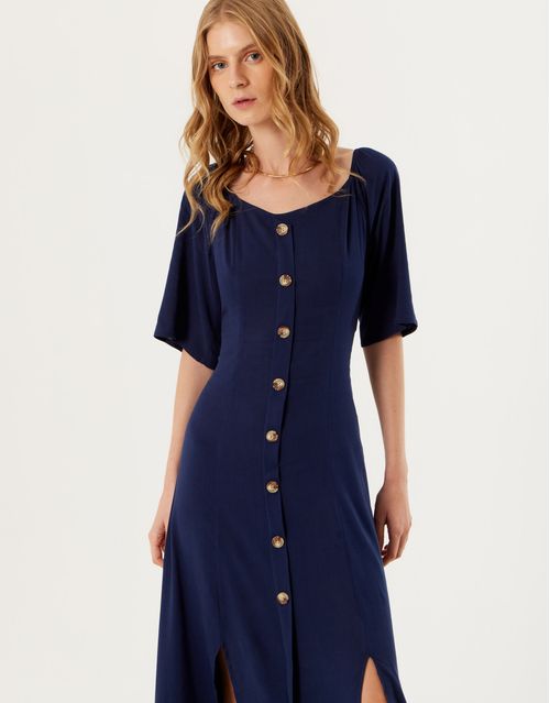 Vestido Botões Recortes Fenda - Azul Marinho