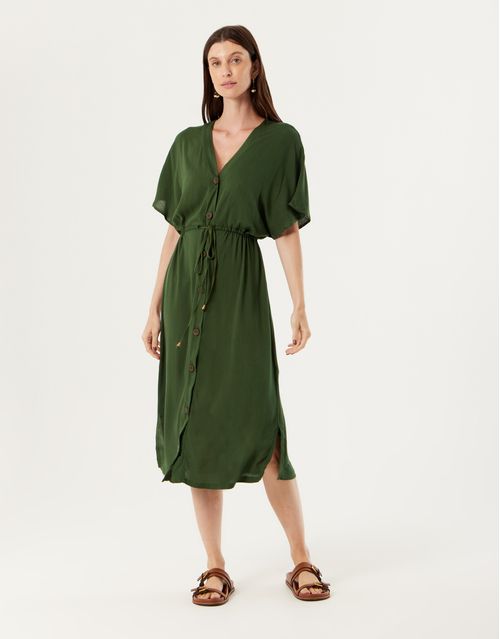 Vestido Midi Botões Amarração - Verde Militar