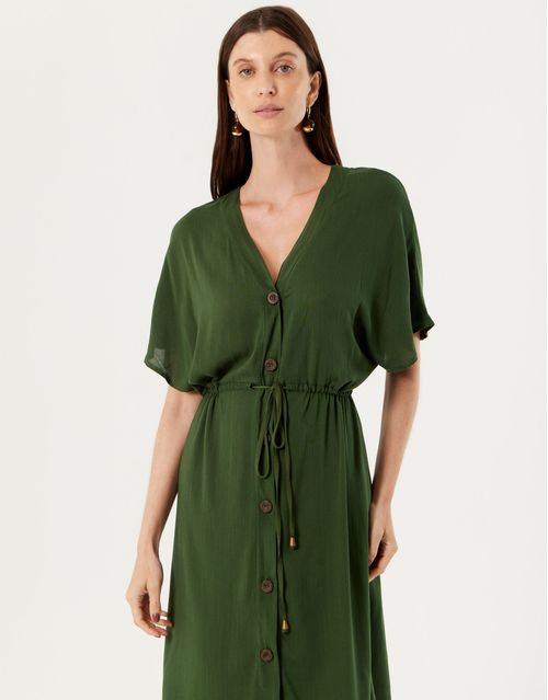 Vestido Midi Botões Amarração - Verde Militar
