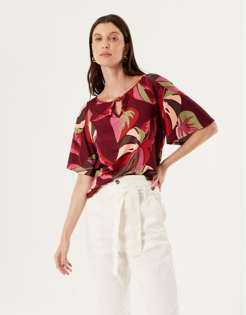 Blusa Ampla Estampada Inverno Tropical - Grena