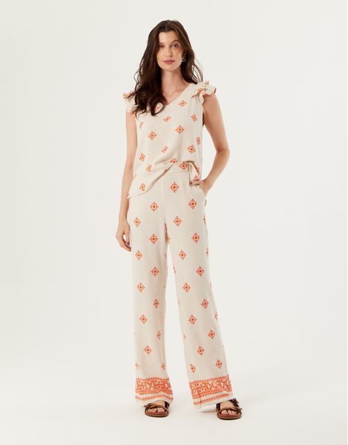 Calça Pantalona Estampada Tapeçaria - Natural C/ Laranja