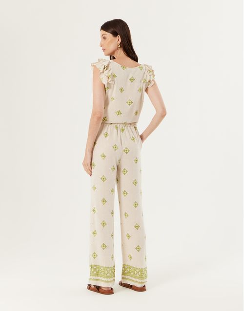 Calça Pantalona Estampada Tapeçaria - Natural C/ Verde