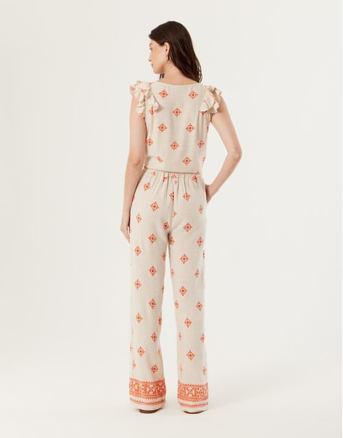 Calça Pantalona Estampada Tapeçaria - Natural C/ Laranja