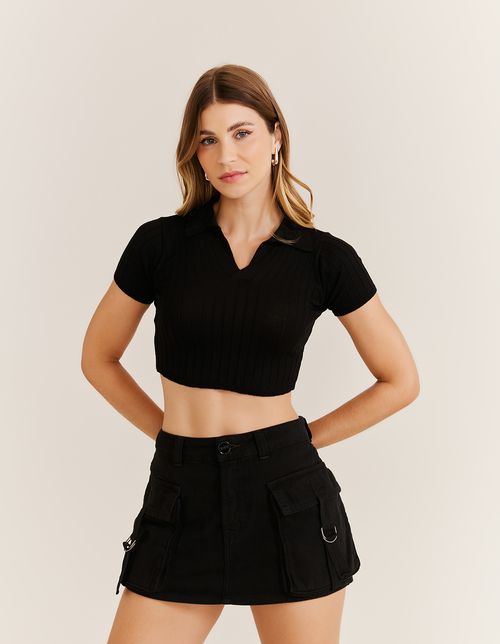 Blusa Cropped Tricot Gola Polo - Preto