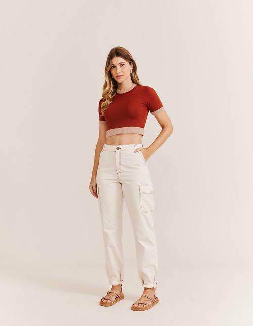 Calça Sarja Cintura Alta e Bolsos - Nuvem