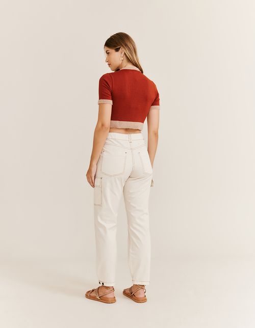 Calça Sarja Cintura Alta e Bolsos - Nuvem