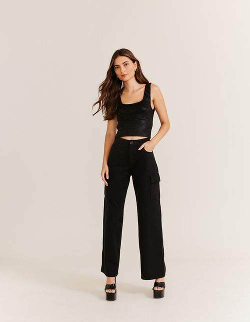 Blusa Tricot Cropped Decote u - Preto