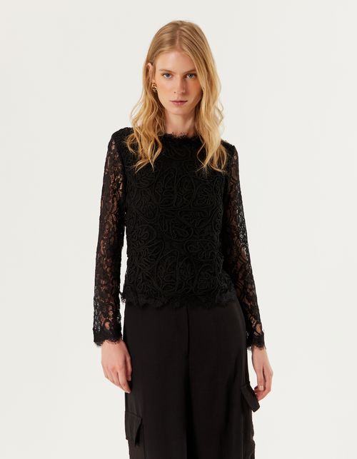 Blusa Tricot Manga Renda - Preto