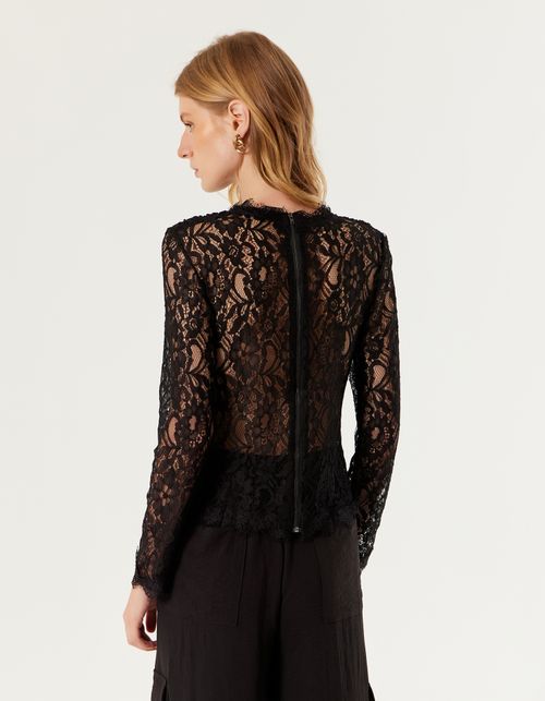 Blusa Tricot Manga Renda - Preto