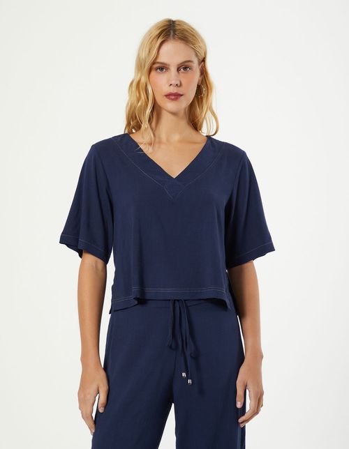Blusa Decote Moldura Pesponto Contraste - Azul Marinho