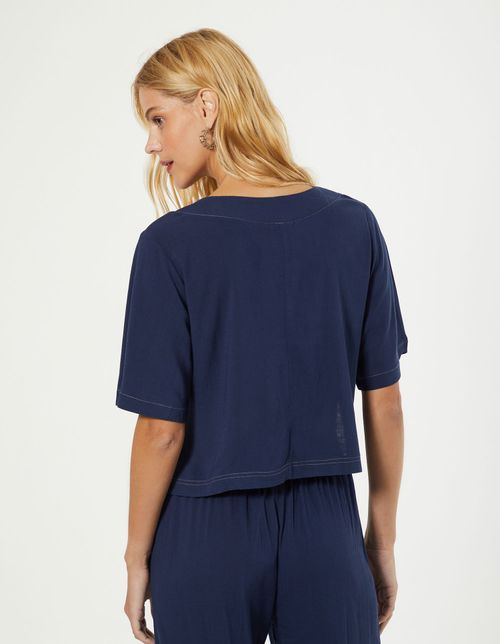 Blusa Decote Moldura Pesponto Contraste - Azul Marinho