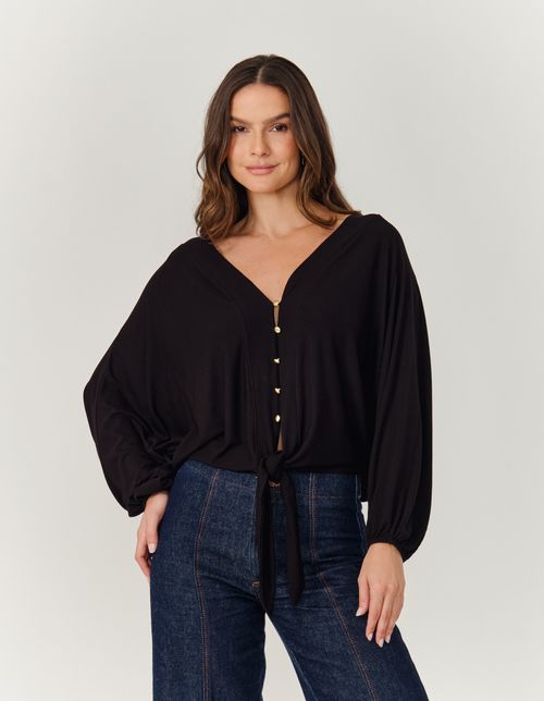 Blusa Ampla Amarracao Botoes - Preto