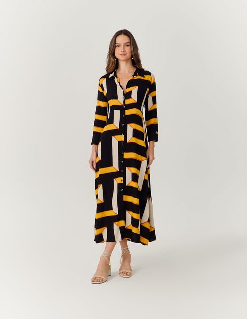 Chemise Estampada Geometrico Retro New - Preto
