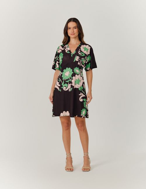 Vestido Curto Estampado Floral Acqua - Preto