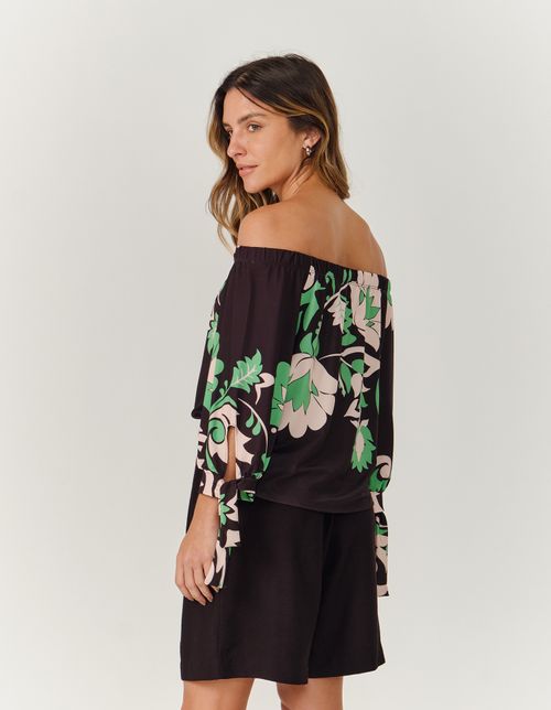 Blusa Estampada Floral Acqua - Preto