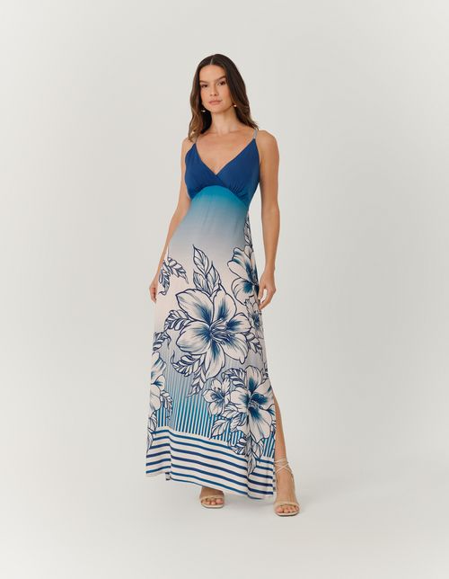 Vestido New Longo Estampado Blue Marine - Azul