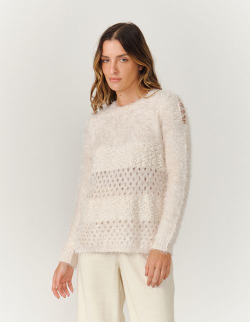 Blusa Manga Tricot Mix Listras - Off White