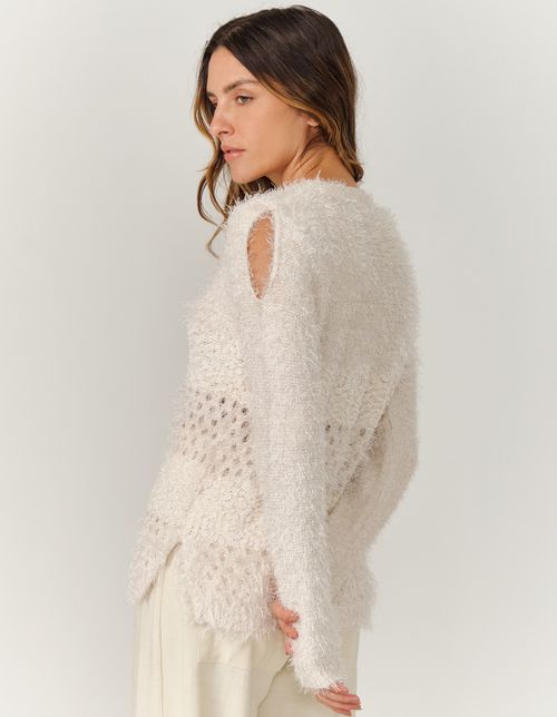 Blusa Manga Tricot Mix Listras - Off White
