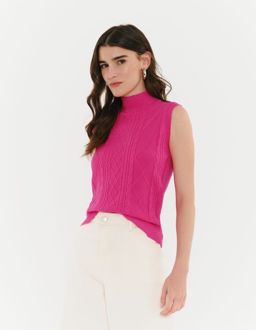 Colete Tricot Detalhe Losangos - Pink
