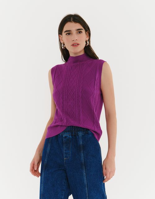 Colete Tricot Detalhe Losangos - Fucsia