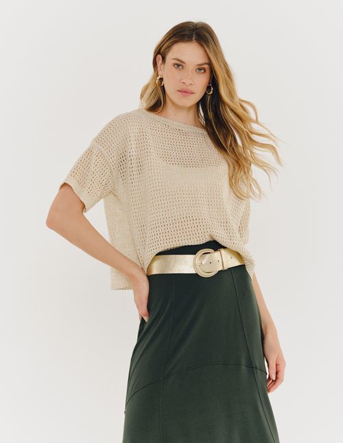 Blusa Tricot Lurex Ampla - Off White C/ Dourado