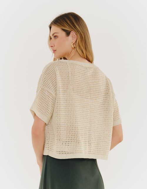 Blusa Tricot Lurex Ampla - Off White C/ Dourado