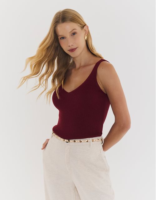 Regata Tricot Decote v - Vinho