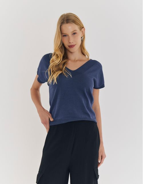 Blusa Tricot Detalhe Gola - Azul Indigo