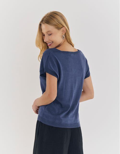 Blusa Tricot Detalhe Gola - Azul Indigo