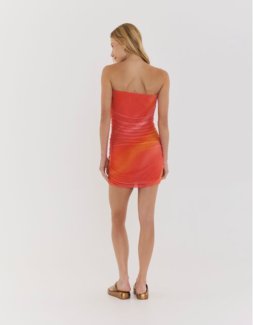 Vestido Franzido Tule Estampado Degrade - Rosa