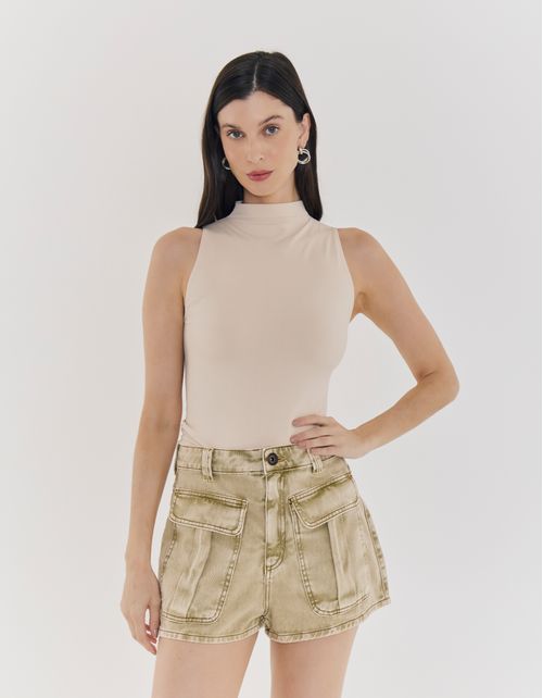 Short Sarja Cintura Alta  Com Bolsos - Verde Musgo