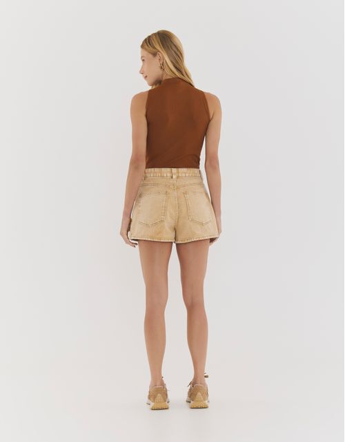 Short Sarja Cintura Alta  Com Bolsos - Ocre