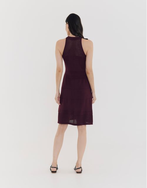Vestido Tricot Curto Detalhe Rendado - Vinho