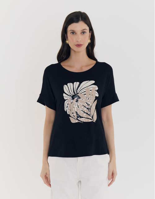 Blusa Silk Bordado Paete - Preto