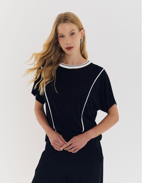 Blusa Bicolor Manga Curta - Preto