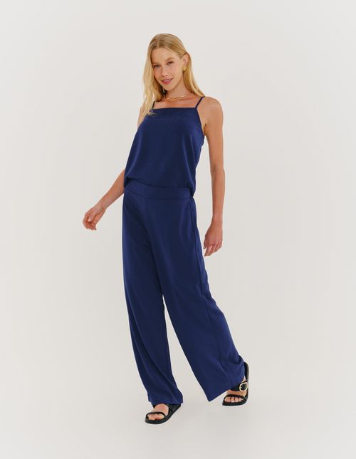 Calça Reta Cós Elástico - Azul Marinho