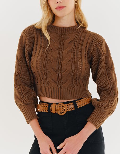 Cinto em Couro Tresse Fivela Redonda - Caramelo