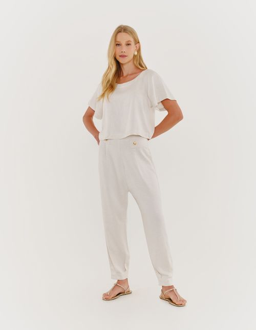 Calça Recorte Detalhe Botao - Areia