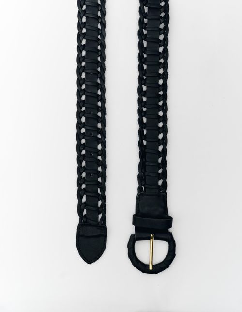 Cinto em Couro Tresse Fivela Redonda - Preto