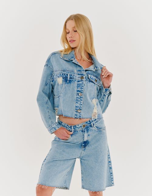 Jaqueta Cropped Bicolor - Denim Claro