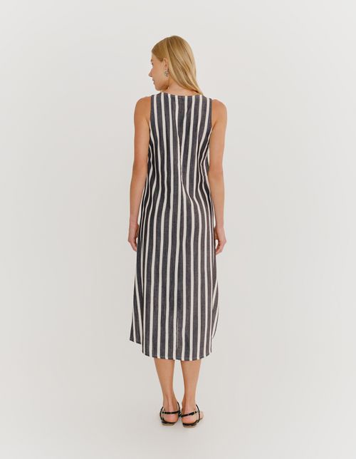 Vestido Midi Tres Recortes Listras - Preto
