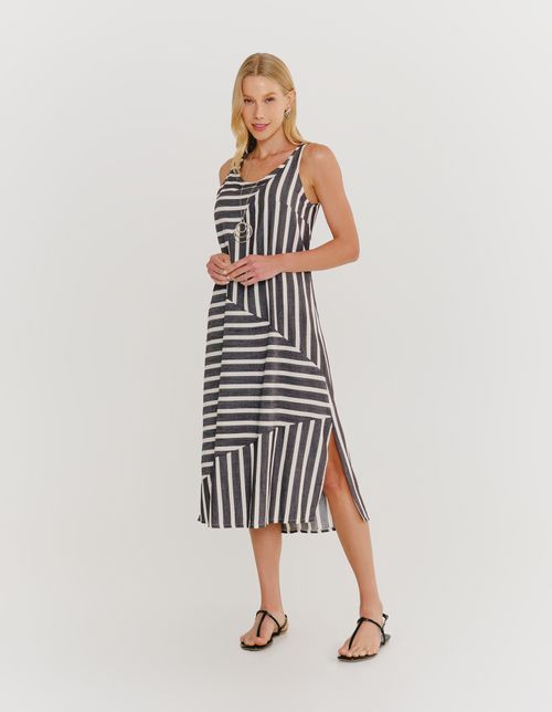 Vestido Midi Tres Recortes Listras - Preto