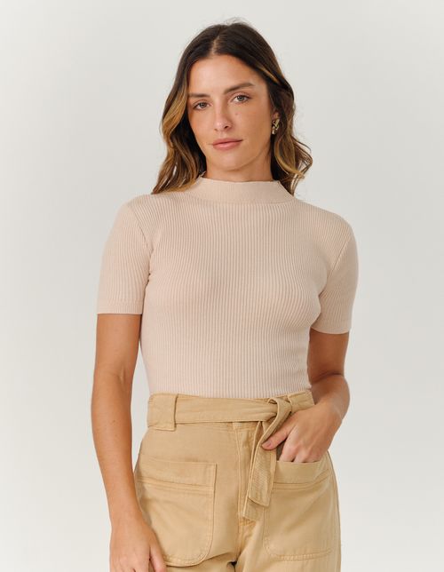 Blusa Tricot Curta Gola Alta Canelada - Areia