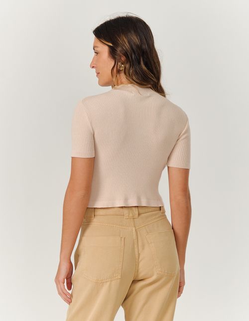 Blusa Tricot Curta Gola Alta Canelada - Areia