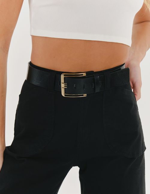 Cinto Couro Verniz Fivela Metal - Preto